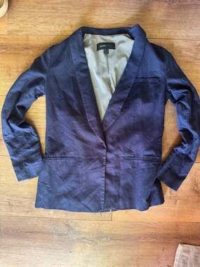 Mango Casual Navy Blue Linen Blazer with Striped Lining size XXS womens